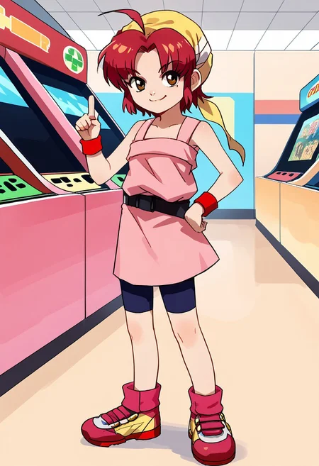 score_8, score_8_up, score_7_up, source_anime, anime screenshot,  1girl, female focus, solo, Karin_CR, ahoge, yellow bandana, bandana, red hair, short hair, parted bangs, sidelocks, bare shoulders, dress, pink dress, belt, wristband, bike shorts, shoes,  looking at viewer, smile, full body, standing, pointing, pointing at viewer, hand on hip, looking at viewer, smug, arcade, arcade machines, indoors, rating_safe