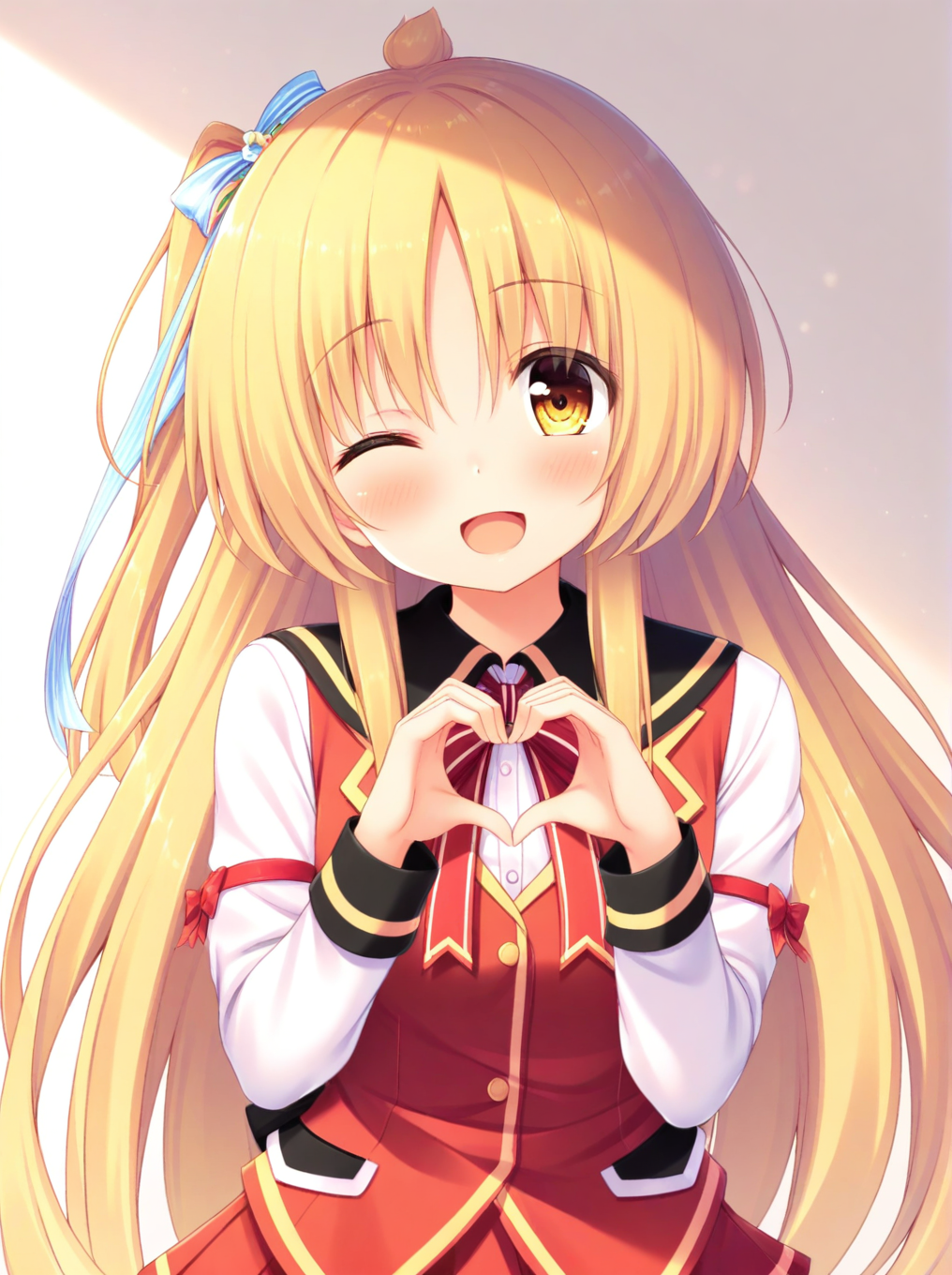 masterpiece,best quality,amazing quality,very aesthetic,absurdres,<lora:Ayatsuji Hiyori_ilxl_v1-000010:0.8>,1girl,long hair,solo,blonde hair,yellow eyes,looking at viewer,ribbon,bow,blush,ayatsuji hiyori,school uniform,one eye closed,open mouth,heart hands,smile,upper body,white background,standing,