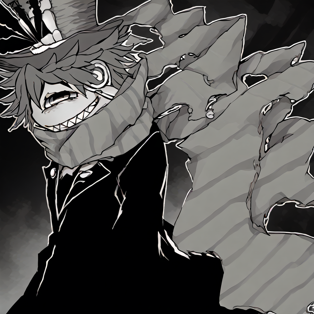 <lora:Happy_Heroine_Sniper:1> teeth, hat, sharp teeth, grin, scarf, top hat, monochrome, striped scarf, black suit
 <lora:Senmu0107Modern:1.5>