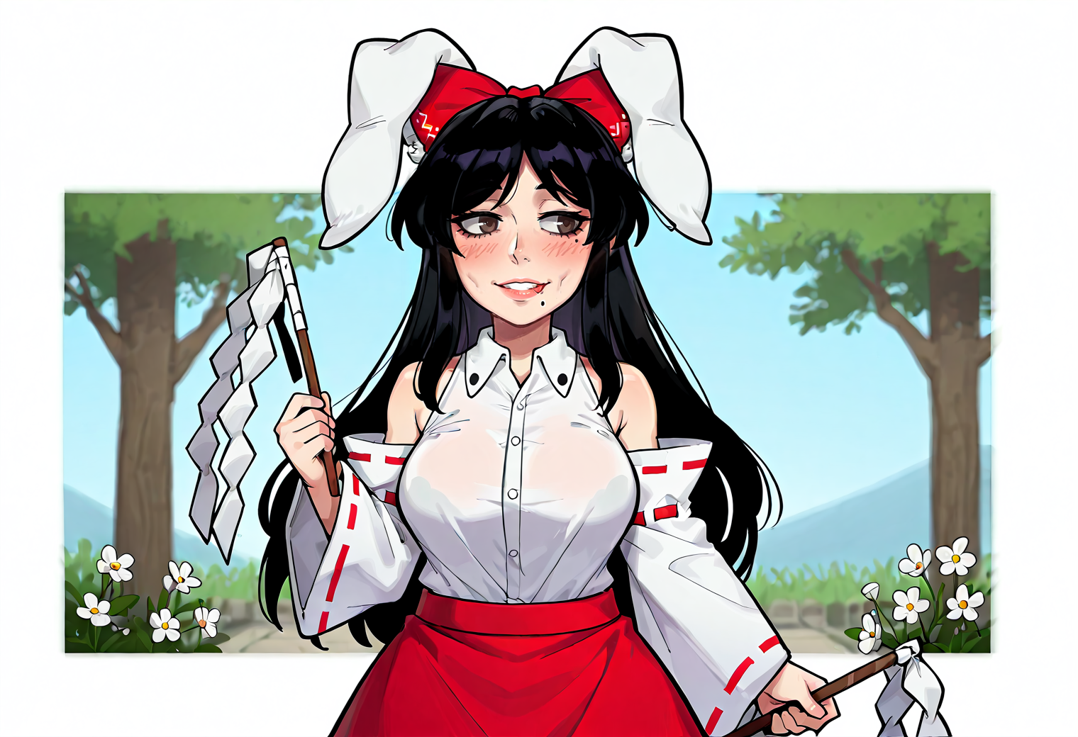 IllustriousQual, <lora:StS-Illustrious-Detail-Slider-v1.0:2> <lora:cfg_scale_boost:0.3> <lora:StS_Age_Slider_Illustrious_v1:3>,detailed_background,outdoors,pantyhose,upper body,solo,open mouth,skirt,rabbit ears,bow,long sleeves,black eyes,y75zei,textless version,holding gohei,white flower,animal ears,mole,rabbit girl,black hair,holding flower,:3,touhou,flower,sleeveless,reisen udongein inaba,harano kaguyama,red skirt,floppy ears,white shirt,holding,hakurei reimu
