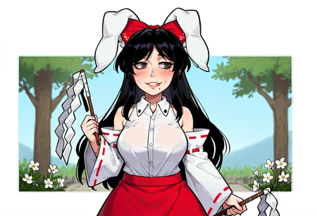 IllustriousQual, <lora:StS-Illustrious-Detail-Slider-v1.0:2> <lora:cfg_scale_boost:0.3> <lora:StS_Age_Slider_Illustrious_v1:3>,detailed_background,outdoors,pantyhose,upper body,solo,open mouth,skirt,rabbit ears,bow,long sleeves,black eyes,y75zei,textless version,holding gohei,white flower,animal ears,mole,rabbit girl,black hair,holding flower,:3,touhou,flower,sleeveless,reisen udongein inaba,harano kaguyama,red skirt,floppy ears,white shirt,holding,hakurei reimu