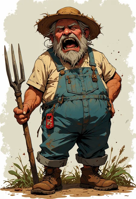 anime, Farmer - denim overalls, straw hat, pitchfork, skinny chest and overweight hip,ugly old man, twisted personnality, vociferating, screaming, sputtering, dirty clothes, thorns, greases and dust, small nose.