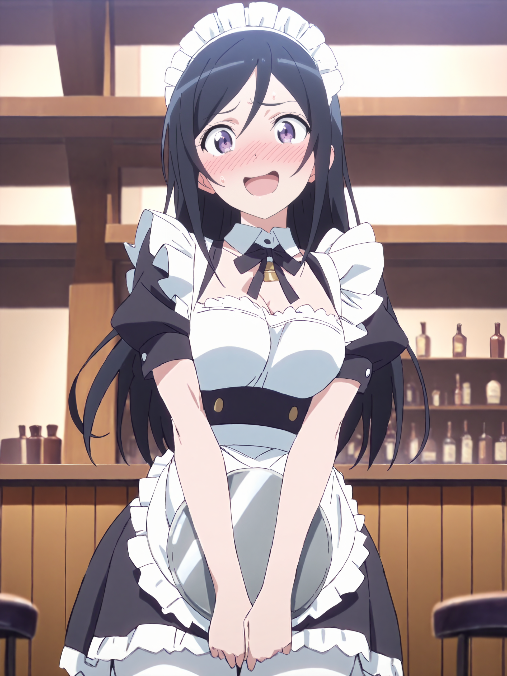 masterpiece, high score, great score, absurdres, anime screenshot, anime coloring,  <lora:Char-Aragaki_Ayase-V1-SDXL:1:hr=0.7>, 1girl, aragaki ayase, solo, maid, maid headdress, maid apron, embarrassed, white pantyhose, open mouth, blush, smile, open mouth, holding plate, looking at viewer, cowboy shot, bar \(place\), indoors, depth of field