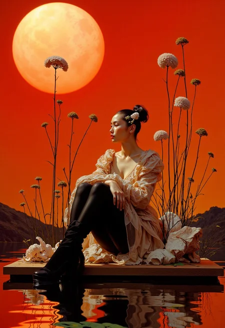 A highly stylized, digitally manipulated photograph features a young woman with light skin and dark hair styled in a sleek, high ponytail adorned with a delicate flower, seated on a floating rectangular wooden platform that rests on a reflective water-like surface, infusing the scene with surrealism. Her relaxed yet slightly provocative pose shows her left arm resting on her knee while her right arm drapes across her lap. She wears a sheer, translucent blouse with voluminous, puffed sleeves that create an ethereal, whimsical effect, paired with sleek black pants. The blouse's delicate texture contrasts with the smooth surface below, enhancing the visual richness. The background is a vibrant gradient of orange, transitioning from deep blood-red at the edges to soft sunset hues near the large, circular light source positioned centrally, casting a warm, glowing radiance across the scene. Surrounding her are tall, slender plants adorned with large, white flowers, adding a natural, organic element that complements the otherwise abstract and surreal setting. The interplay of textures, from the reflective surface to the flowing fabric, and the harmonious color palette evoke dreamy, ethereal beauty, blending natural and surrealist aesthetics seamlessly. HD, 8K quality, ultra-detailed, masterpiece artwork, flawless anatomy. mythp0rt, Frank Frazetta fantasy oil painting