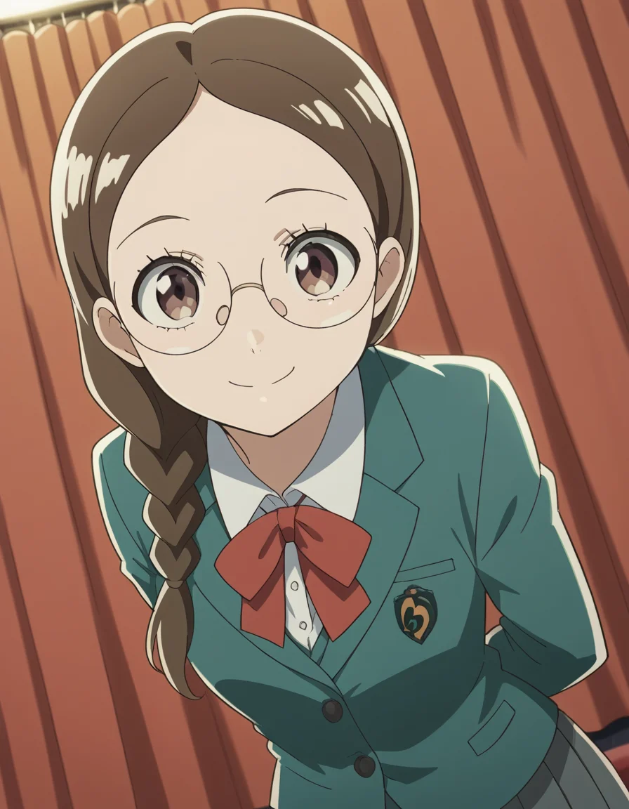 score_9, score_8_up, score_7_up, source_anime, <lora:megumi-takahashi-s1-ponyxl-lora-nochekaiser:1>, megumi takahashi, long hair, brown hair, brown eyes, braid, glasses, hair over shoulder,, school uniform, jacket, blazer, ribbon, red ribbon, green blazer, shirt, white shirt, collared shirt, skirt, pleated skirt, grey skirt,, theater, stage, seats, performance, curtains, smile, hands behind back, bent over,, looking at viewer, solo,, dutch angle, cowboy shot