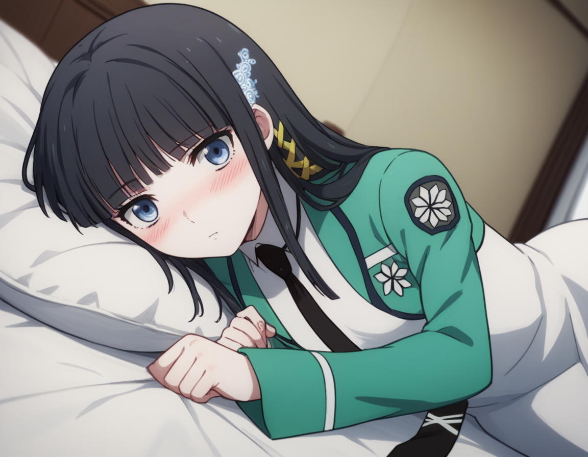 score_9, score_8_up, score_7_up, source_anime,
miyukishiba, <lora:miyuki-shiba-s2-ponyxl-lora-nochekaiser:1>,
miyuki shiba, long hair, blue eyes, black hair, hair ornament, ribbon, hair ribbon, snowflake hair ornament, bangs, blunt bangs,
long sleeves, dress, school uniform, pantyhose, necktie, white dress, black necktie,
indoors, bed, bed room, on side, blush, drunk,
solo, dutch angle, looking at viewer, cowboy shot,