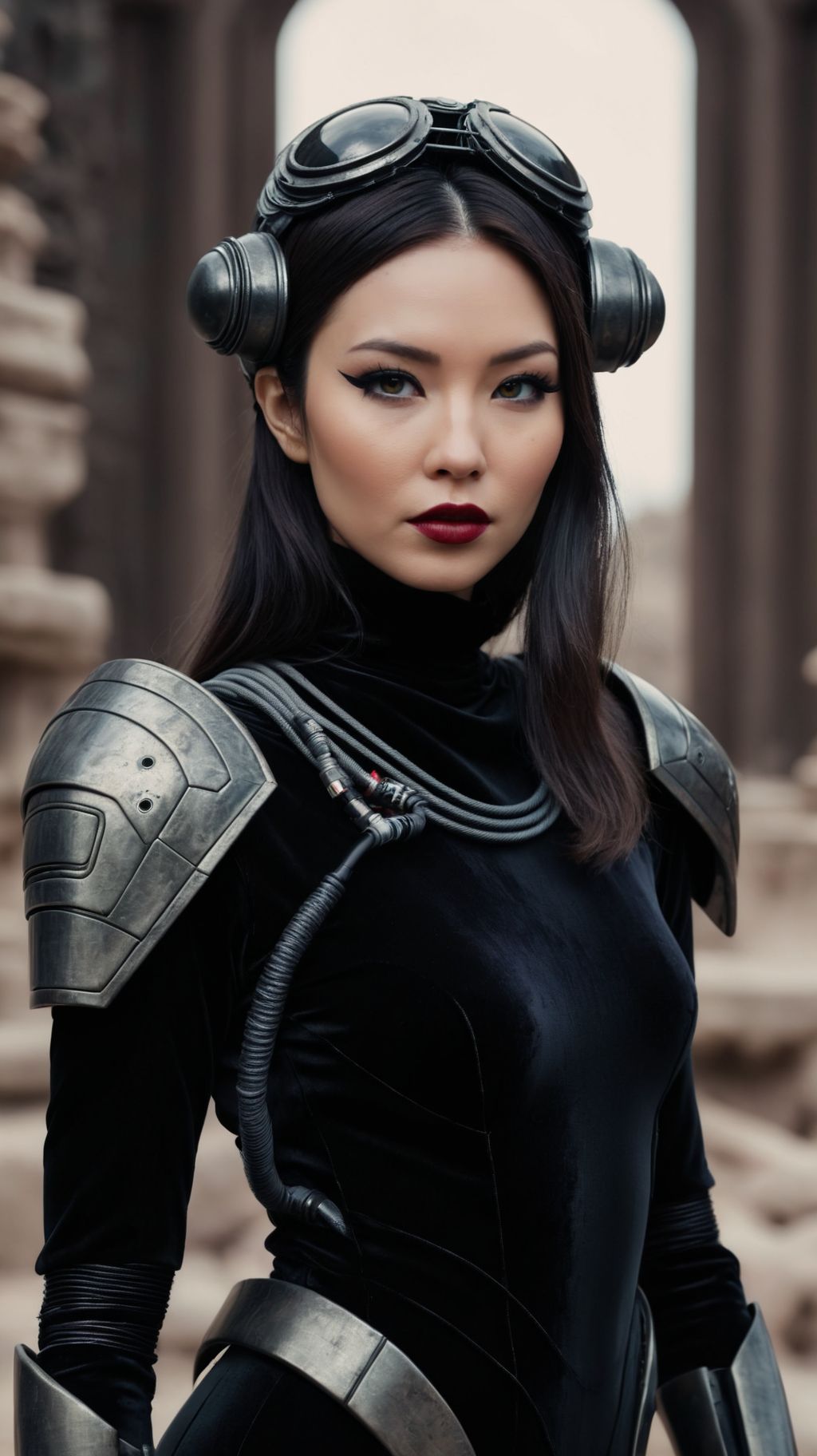 high fashion photo by Oscar Rejlander,
asian brunette woman, thick eyeliner, lipstick, retro-futuristic velvet turtleneck space soldier suit styled by Vera Wang, technology, wires|cables, armor, headdress,
in ancient alien ruins,
full body shot, from front, attitude, DOF, selective focus
<lora:add-detail-xl:1>
<lora:fix_hands:1>