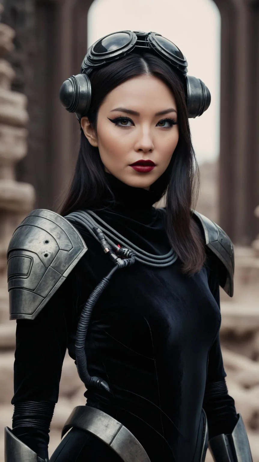 high fashion photo by Oscar Rejlander,
asian brunette woman, thick eyeliner, lipstick, retro-futuristic velvet turtleneck space soldier suit styled by Vera Wang, technology, wires|cables, armor, headdress,
in ancient alien ruins,
full body shot, from front, attitude, DOF, selective focus
<lora:add-detail-xl:1>
<lora:fix_hands:1>