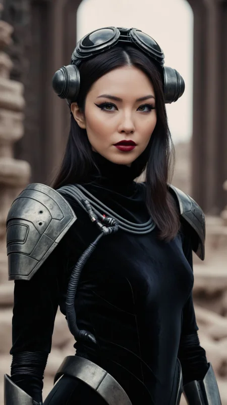 high fashion photo by Oscar Rejlander,
asian brunette woman, thick eyeliner, lipstick, retro-futuristic velvet turtleneck space soldier suit styled by Vera Wang, technology, wires|cables, armor, headdress,
in ancient alien ruins,
full body shot, from front, attitude, DOF, selective focus
<lora:add-detail-xl:1>
<lora:fix_hands:1>