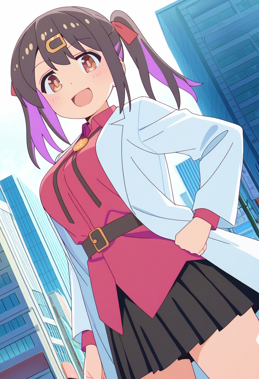 general,highres, ultra-detailed,very aesthetic,best quality ,best hands,best eyes,easynegative,
dynamic anglre, dutch angle, anime cloring,anime screencap,
1girl solo,looking at viewer,city,smile,open mouth, hand on hip, 
Mihari Oyama,black_hair, multicolored hair, twintails, large_breasts, brown eyes, hair_ornament,red shirt,black skirt, hakui,