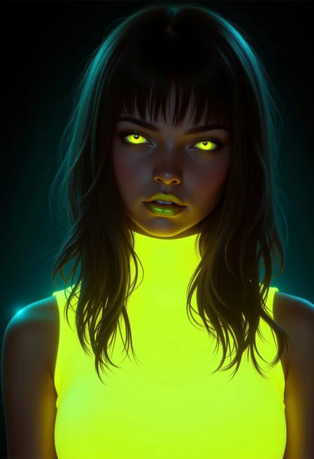 bo-bioluminescent upper body portrait,1girl,glowing neon yellow dress,glowing neon yellow lipstick,glowing makeup, midjourneyv6.1,detailmaximizer