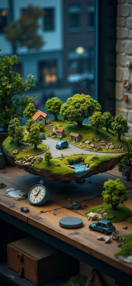 (indoor,very wide isometric view,tilt-shift lens:1.6), (windowless,fna_style,miniature,miniature,diorama,miniature,diorama,PVC,plastic:2),starry night grass,forest,parking lot with crowded at (floating island,levitating island:1.5) on (table:2) at (attic:2.5) <lora:Diorama_Flux:1>
<lora:Fantasy_Novel_Art_Style:1>