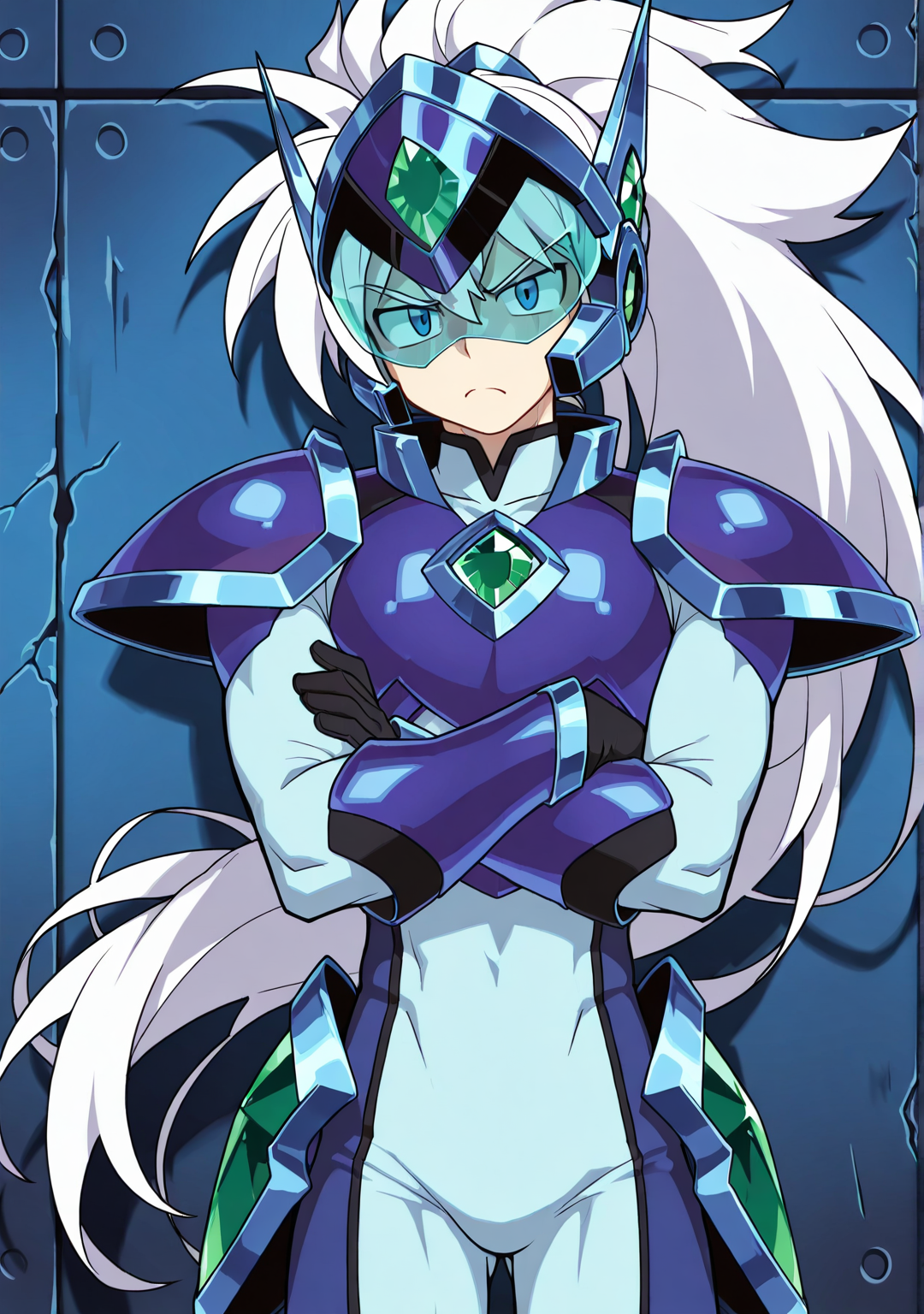 masterpiece,best quality,amazing quality, XOVER, male focus, mature eyes, toned male, narrow waist, muscular, violet armor, helmet, emerald jewel, light blue bodysuit, white hair, long hair, ponytail, big hair, upper body, looking at viewer, >:(, cowboy shot, arms crossed, blue metal wall, (translucent visor, blue visor)