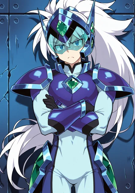 masterpiece,best quality,amazing quality, XOVER, male focus, mature eyes, toned male, narrow waist, muscular, violet armor, helmet, emerald jewel, light blue bodysuit, white hair, long hair, ponytail, big hair, upper body, looking at viewer, >:(, cowboy shot, arms crossed, blue metal wall, (translucent visor, blue visor)