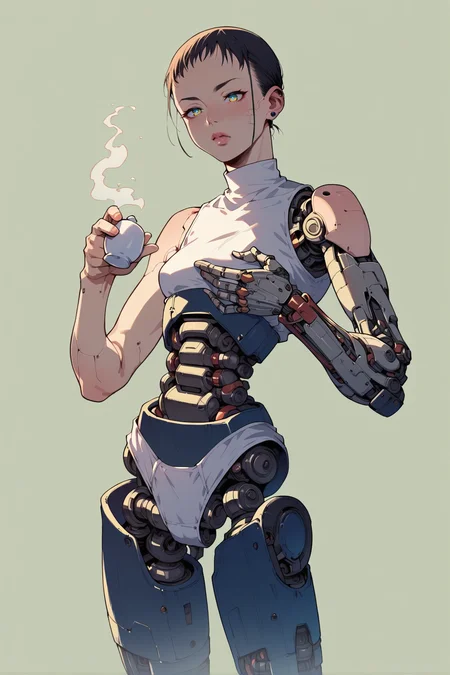1girl, holding teapot, <lora:Sukabu-PonyXL-1024px-v2:0.35> android, mechanical arms, mechanical legs, robot joints, <lora:Sinozick_Style_XL_Pony:0.85> sinozick style, flat color, dark theme, score_9, score_8_up, score_7_up,