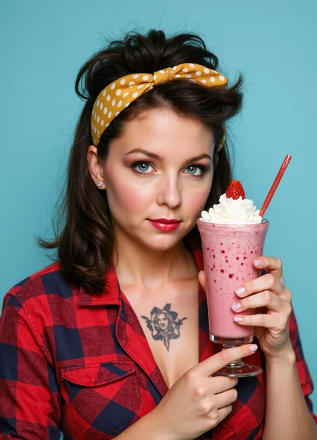 SFW, brightly lit, young, The image is a portrait of a woman with dark hair styled in a pin-up style. She is wearing a red and blue plaid shirt with a yellow polka dot headband. She has a tattoo on her chest and is holding a pink milkshake with whipped cream and a strawberry on top. The woman is also wearing red lipstick. The background is a light blue color. The overall mood of the image is vintage and edgy., aidmaimageupgrader<lora:flux\custom\celebrity\lisa-hartman.safetensors:1.0:1.0> <lora:turbo-8-step-flux.safetensors:0.5:0.5> <lora:flux\style\Common\aidmaImageUprader-FLUX-v0.3.safetensors:0.25:0.25>