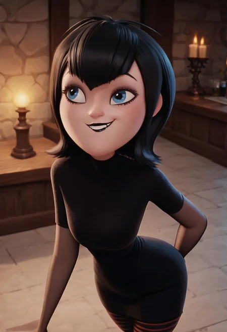 score_9, score_8_up, score_7_up, ultra quality, solo, 1girl, black hair, short hair, blue eyes, fangs, black lips, black nails, , black dress, grey elbow gloves, striped pantyhose, red sneakers, , smug smile, hips focus, big hips, big butt, bubble butt, curvy, narrow waist, standing, front view, looking to the viewer, upper body, view from above, close up, screencap