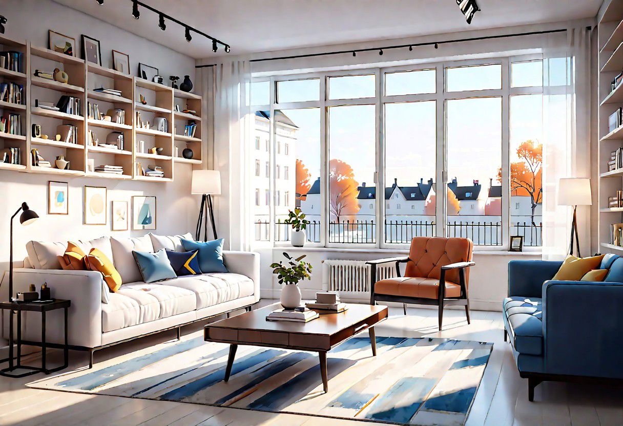 ((front view)), Shallow scene, ((animation style)), modern-style interior, with white walls, (large windows), Nordic-style furniture, a  study, Sofa, coffee table, bookcase, single wall, 
warm light morning sun, (the view of the city)