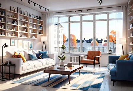 ((front view)), Shallow scene, ((animation style)), modern-style interior, with white walls, (large windows), Nordic-style furniture, a  study, Sofa, coffee table, bookcase, single wall, 
warm light morning sun, (the view of the city)