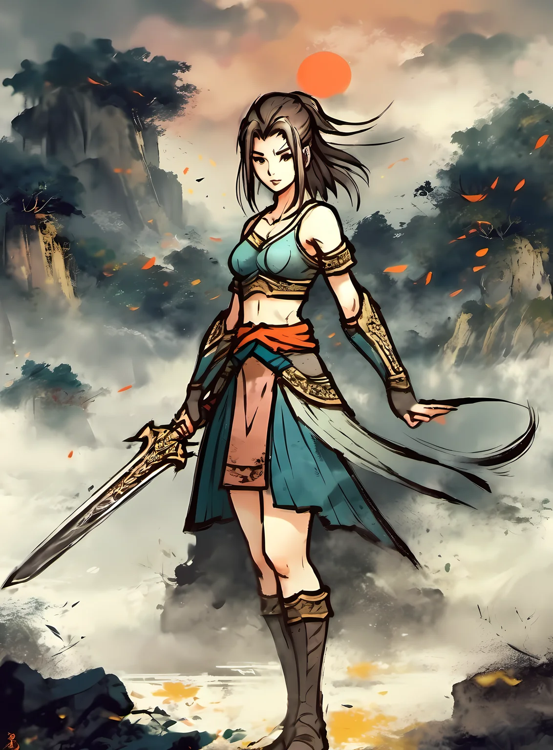1girl, 20 years old, hand on sword for battle, beautify, fullbody, ancient style, ink style, <lora:ink-xl-v1:1>