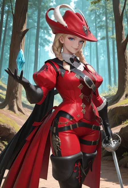 masterpiece, best quality, newest, absurdres, highres, cowboy shot,  <lora:cfg_scale_boost:.7>,  
1girl, full body, holding sword, rapier, holding crystal, open hand,  forest, long hair, blonde hair,blue eyes, looking at viewer, smile, twin braids, hair over shoulder, 
<lora:RedMage_IL:1> redmage, hat feather,red hat,  black neck bow, black shoulder cape, red coat, juliet sleeves,
red pants, black gloves,black belt, black thigh boots,