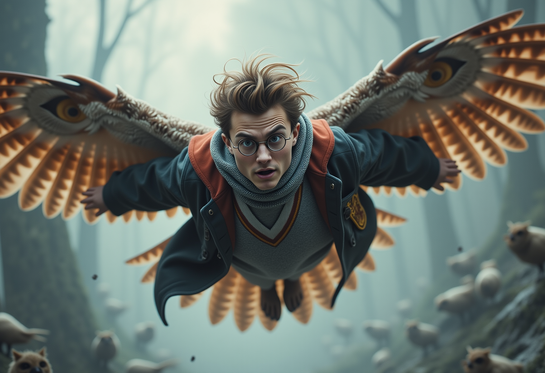 Harry Potter flying in the air like an owl with his wings spread, wearing his glasses and scar, hair blown by the wind <lora:Dever_Flux_Enhancer:0.5>
