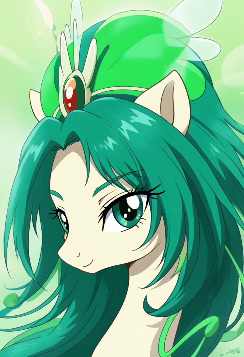detailed background, green hair,, shiny skin,green eyes,<lora:curemint.pony:1>, curemint, solo,