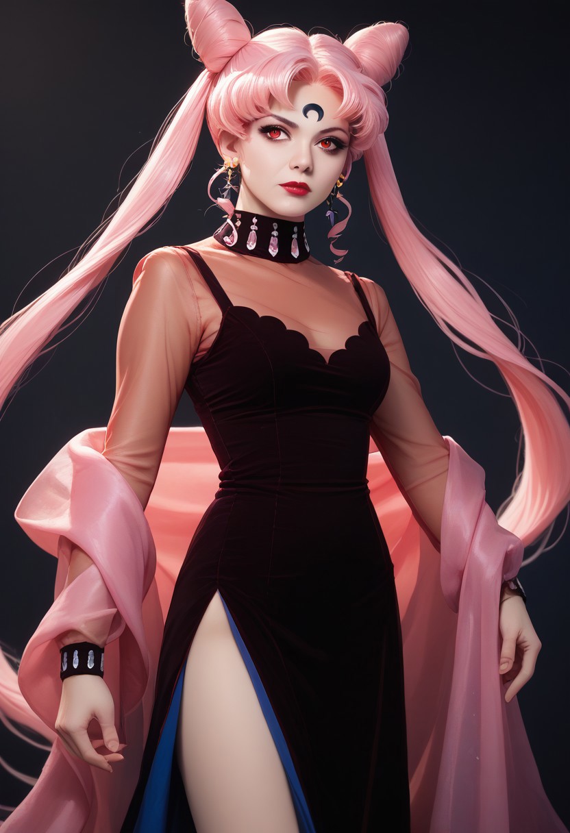 score_9,score_8_up,score_7_up, realistic, masterpiece, best quality, 1girl, black lady, 1girl, solo, long hair, red eyes, dress, twintails, jewelry, very long hair, pink hair, earrings, hair bun, see-through, double bun, makeup, facial mark, lipstick, crescent, side slit, aged up, forehead mark, cone hair bun, crescent facial mark, crystal earrings
