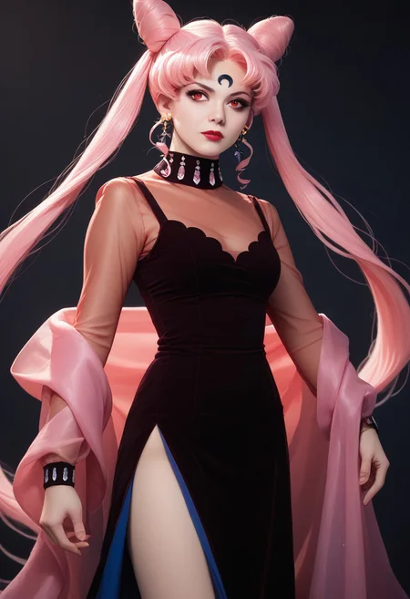 score_9,score_8_up,score_7_up, realistic, masterpiece, best quality, 1girl, black lady, 1girl, solo, long hair, red eyes, dress, twintails, jewelry, very long hair, pink hair, earrings, hair bun, see-through, double bun, makeup, facial mark, lipstick, crescent, side slit, aged up, forehead mark, cone hair bun, crescent facial mark, crystal earrings