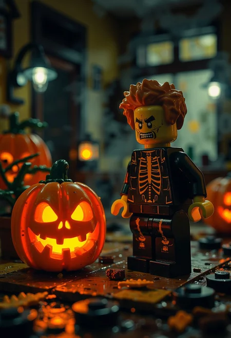 Ghostlystyle, a spooky lego skeleton looking at a carved halloween pumpkin,ominous dark lighting, dimly lit, professional, high quality, 8k