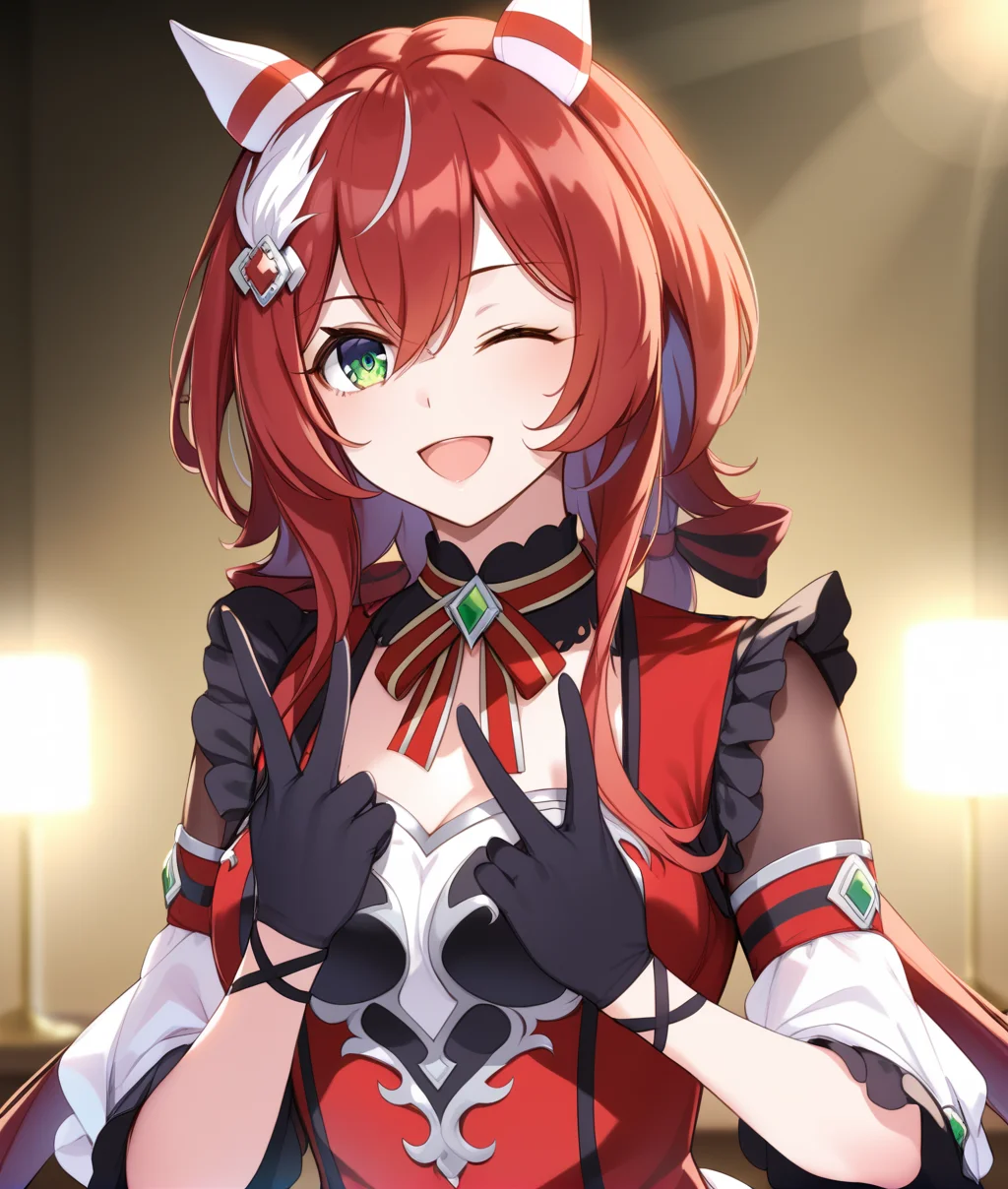 score_9, score_8_up, score_7_up BREAK
shobufuku, 1girl, solo, long hair, breasts, looking at viewer, smile, open mouth, bangs, hair ornament, gloves, animal ears, hair between eyes, green eyes, upper body, white hair, red hair, multicolored hair, one eye closed, black gloves, streaked hair, horse ears, (double v, stage,idol, audioence, spotlight),
<lora:Win Variation-ponyXL_V1:0.8>,