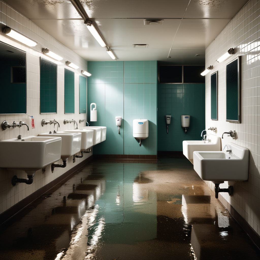 The interior of a public restroom with a utilitarian and slightly neglected design. The walls are covered in plain, slightly stained white tiles, some of which are cracked or chipped. The floor consists of large, dull gray tiles with faint scuff marks and small puddles of water near the sinks. On one side of the room, a row of metal bathroom stalls with scratched doors and faded paint lines the wall. On the opposite wall, a series of wall-mounted urinals made of white ceramic are spaced evenly, each with a metallic flush handle above. Some urinals have faint stains and water streaks, with one having a small puddle beneath it. A row of sinks with old, slightly rusted faucets sits beneath a large, streaked mirror that has smudges and water spots. Above, fluorescent tube lights buzz faintly, casting a cold, sterile glow over the space. A faint smell of cleaning chemicals lingers in the air, mixed with the dampness of the room. A hand dryer is mounted on the wall near the entrance, and a trash bin overflowing with crumpled paper towels stands nearby. The atmosphere feels functional but slightly neglected, emphasizing its everyday use.
<lora:SDXLFaeTastic2400:0.4> <lora:extremely_detailed:0.4> extremely detailed, Masterpiece,best quality,hi res,8k,hi res,8k,award winning,(sharp focus, intricate, highly detailed),