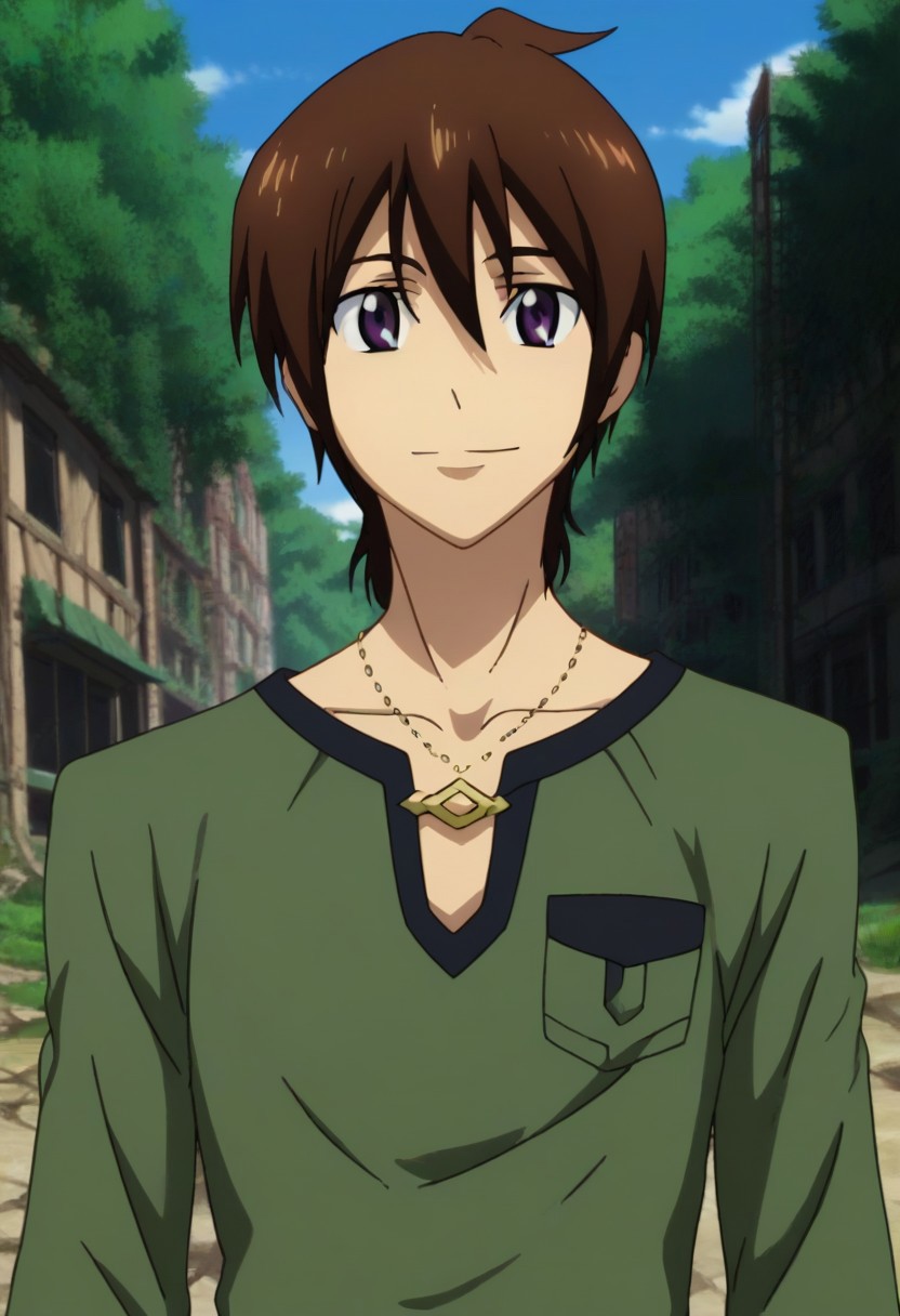 ((masterpiece)), ((best quality)), ((ultra-detailed)), ((absurdres)), score_9_up, score_8_up, score_7_up,
HD, top quality, best quality, amazing quality, High-quality illustrations, anime screencap, source_anime, best aesthetic, perfect proportions, perfect eyes, 1boy, 1male, male anime character, anime boy, solo male, male focus, handsome, attractive, cute, sexy, ((lean body, fit body, athletic body)), ((tall, tall body, tall height)), looking at viewer, looking at front, front shot, front view, Tusk, brown hair, purple eyes, necklace, green shirt, close-up shot, profile shot, face only shot, smiling, charming smile, happy, joyful