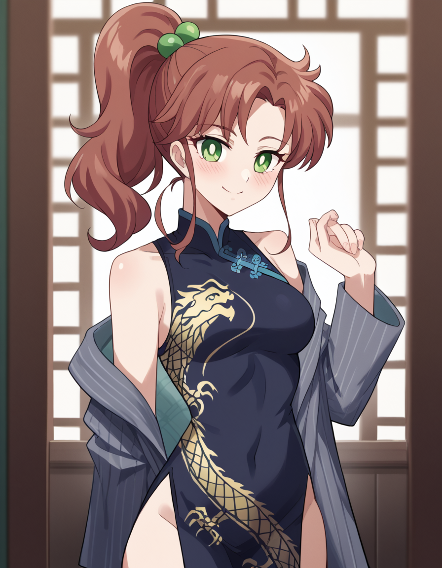 score_9, score_8_up, score_7_up, source_anime, <lora:makoto-kino-eternal-movie1-ponyxl-lora-nochekaiser_r1:1>, makoto kino, brown hair, circlet, green eyes, hair bobbles, hair ornament, medium hair, ponytail, sidelocks, parted bangs,, <lora:blue-archive-kisaki-cosplay-ponyxl-lora-nochekaiser:1>, blue archive kisaki cosplay, kisaki (blue archive) (cosplay), dragon print, china dress, print dress, chinese clothes, pinstripe jacket, sleeveless turtleneck dress, cosplay, vertical-striped jacket, pinstripe pattern, pelvic curtain, striped coat, grey coat, black dress, sleeveless dress,, indoors, from side, blush, smile,, cowboy shot, looking at viewer