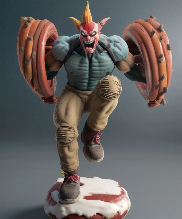 figrne, Sweet Tooth from twisted metal, on a base, dynamic pose, solo, depth of field, flawless, RAW,(((plain background))), high detail, insane detail <lora:figrne_v2std:1>