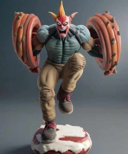 figrne, Sweet Tooth from twisted metal, on a base, dynamic pose, solo, depth of field, flawless, RAW,(((plain background))), high detail, insane detail <lora:figrne_v2std:1>
