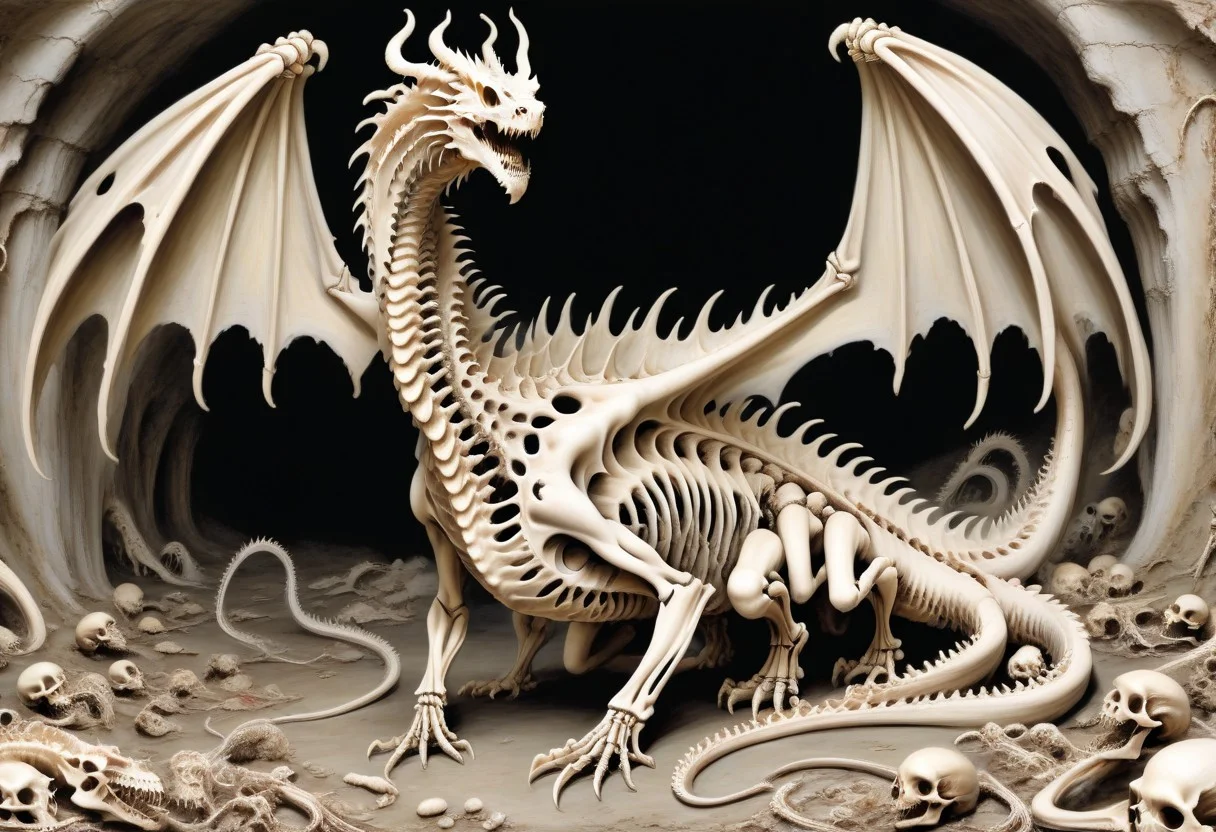 score_9, score_8_up, score_7_up, dark fantasy painting, cavern, undead dragon Zombie dragon, with decayed flesh and ragged wings, standing on a pile of bones and skeletons, highly detailed, DarkFantasy, artistic, best quality, masterpiece. boneswm, dark lighting, cave, stalagmites