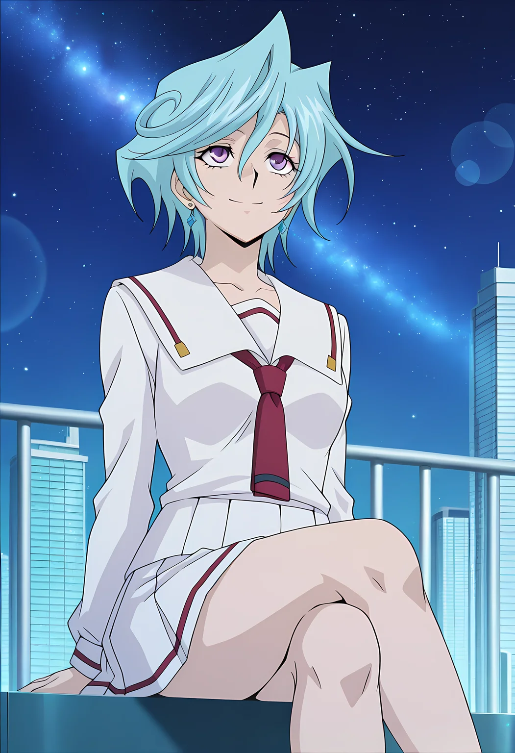 masterpiece,best quality,amazing quality,
1girl, solo,
Suiko Tatsunagi (Cardfight Vanguard), short hair, blue hair, purple eyes, collarbone, earrings, jewelry, school uniform, serafuku, white sailor collar, necktie, long sleeves, pleated skirt,
looking up, smile,
cinematic, cross legs, crossing legs,
Outdoors, night, On top skyscraper, galaxy sky,
Lens flare, bloom,
Official style, anime screencap, anime coloring,