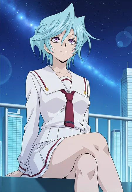 masterpiece,best quality,amazing quality,
1girl, solo,
Suiko Tatsunagi (Cardfight Vanguard), short hair, blue hair, purple eyes, collarbone, earrings, jewelry, school uniform, serafuku, white sailor collar, necktie, long sleeves, pleated skirt,
looking up, smile,
cinematic, cross legs, crossing legs,
Outdoors, night, On top skyscraper, galaxy sky,
Lens flare, bloom,
Official style, anime screencap, anime coloring,