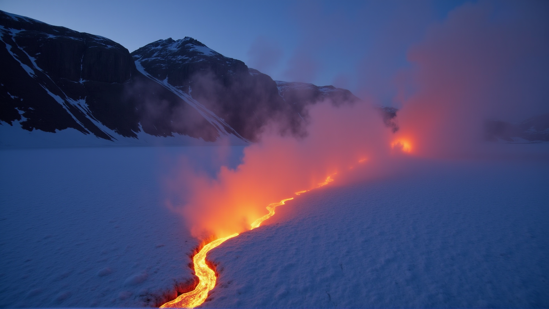 a river of lava pouring down a large volcano
the lave pours into an ice field raising (a huge cloud of steam from the ice's surface:1.5), the ice explodes into the air on contact with the lava
the light from the lava on the volcano can be seen as a glow through the steam