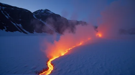 a river of lava pouring down a large volcano
the lave pours into an ice field raising (a huge cloud of steam from the ice's surface:1.5), the ice explodes into the air on contact with the lava
the light from the lava on the volcano can be seen as a glow through the steam