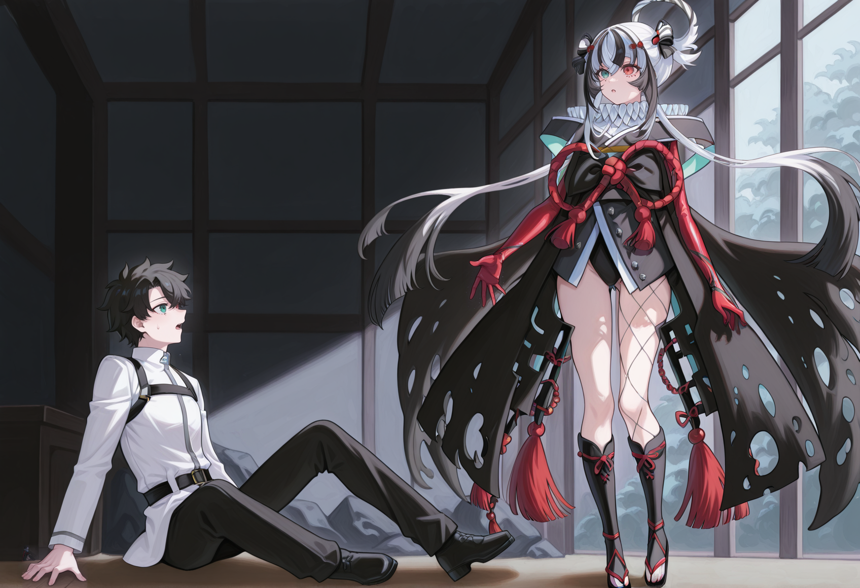 1girl, fujimaru ritsuka \(male\), sitting, on floor, 1girl, arthropod girl, multicolored hair, black hair, white hair, very long hair, hair ring, heterochromia, red eyes, green eyes, asymmetrical legwear, japanese clothes, kimono, white collar, elbow gloves, red gloves <lora:kashin_koji_illus:1>, standing, are_you_my_master <lora:are_you_my_master:1>, masterpiece, best quality, amazing quality, very aesthetic, absurdres, highres, newest