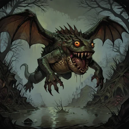 masterpiece, best quality, newest, absurdres, highres,
TTCSV1.0, cherry-gig,
Droad-V1.0, dragon, toad, frog, monster, no humans, animal focus, teeth, sharp teeth, claws, roar, open mouth, sharp claws, horror (theme), dark fantasy, swamp, wings, flying, solo, solo focus,