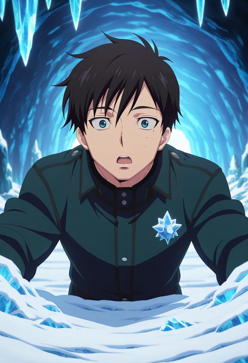 masterpiece, best quality, , anime screencap, anime coloring, official style, looking at viewer, 1boy, solo, male focus, <lora:yukio_okumura_ilxl:0.9>, yukio_okumura, black hair, blue eyes, mole, mole under eye, , ice cavern, frost crystals, snow paths, ice bridges, exploring pose, amazed expression, cave lighting,