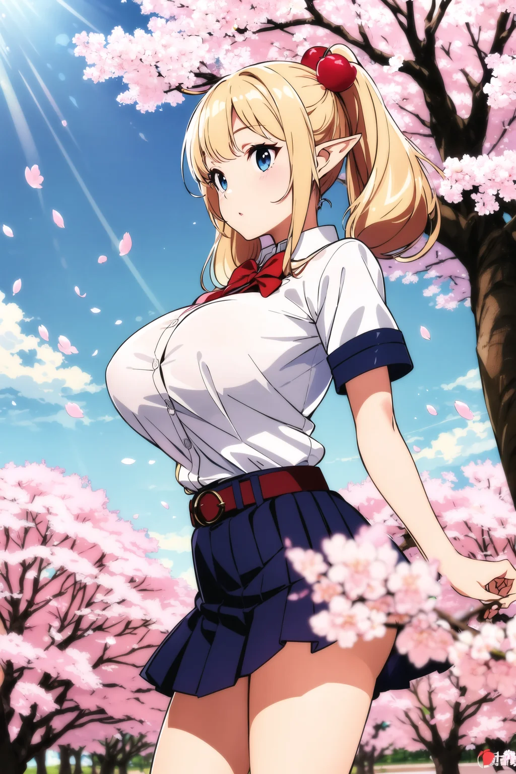 (masterpiece:1.2), best quality, spring \(season\) illustration, beautiful detailed elf girl face,
(cherryblossom patels:1.2), atmospheric perspective, pose on circle bass, straight-on,
huge cherryblossom park, tree of (cherryblossom:1.3),
looking at another, pointng at away,
large breasts, school uniform,
pointy ears, deformed, aged down, platinum blonde hair, twintails, elf, Snow White, tone shading, glowing sunlight