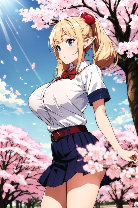 (masterpiece:1.2), best quality, spring \(season\) illustration, beautiful detailed elf girl face,
(cherryblossom patels:1.2), atmospheric perspective, pose on circle bass, straight-on,
huge cherryblossom park, tree of (cherryblossom:1.3),
looking at another, pointng at away,
large breasts, school uniform,
pointy ears, deformed, aged down, platinum blonde hair, twintails, elf, Snow White, tone shading, glowing sunlight