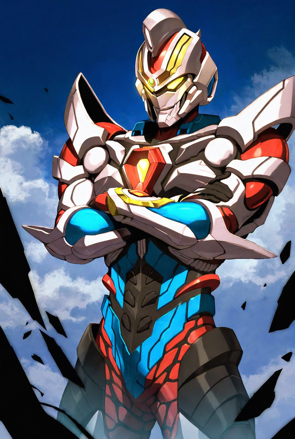 score_9,score_8_up,score_7_up,best quality,ultra-detailed,high resolution,digital painting,8k,1boy,solo,cowboy shot,male focus,bara,detailed face,mecha,robot,no humans,science fiction,yellow eyes,tokusatsu,glowing eyes,armor,super robotstanding,crossed arms, sky,<lora:add-detail-xl:1>,<lora:SSSS Gridman:0.8>,ssss gridman,