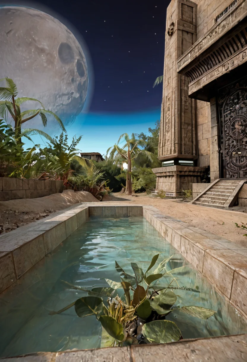 score_9, score_8_up, score_7_up, BREAK, RAW, photo, 8k, very sharp, very detailed, realistic, real, hyper realistic, Photorealistic, real photo, no people, no humans
distant structures, sky, stars, moon, tiles, tomb, sand, plants, pond, trees, stone wall, tiles, from below,
<lora:Unreal Tournament 2004 - Facing Worlds - Sun Blade_epoch_12:0.7> facing3worlds,