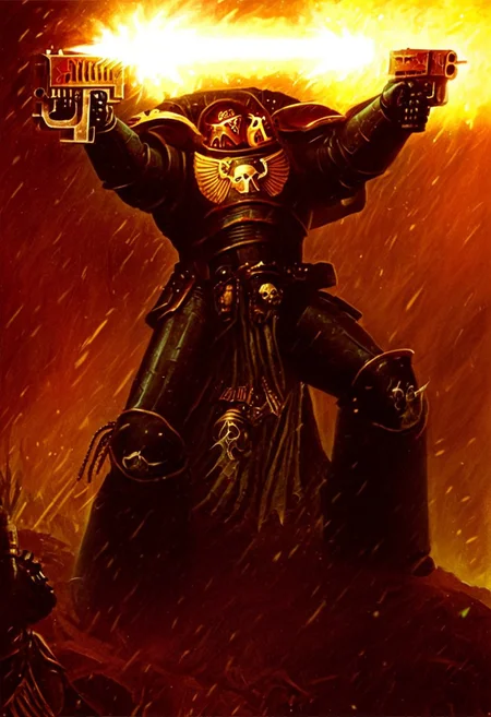 Score_9_up, absurdres, source: GamesWorkshop, grimdark, gothic horror, an adeptus astartes space marine in armor and helmet, he is firing a bolter gun