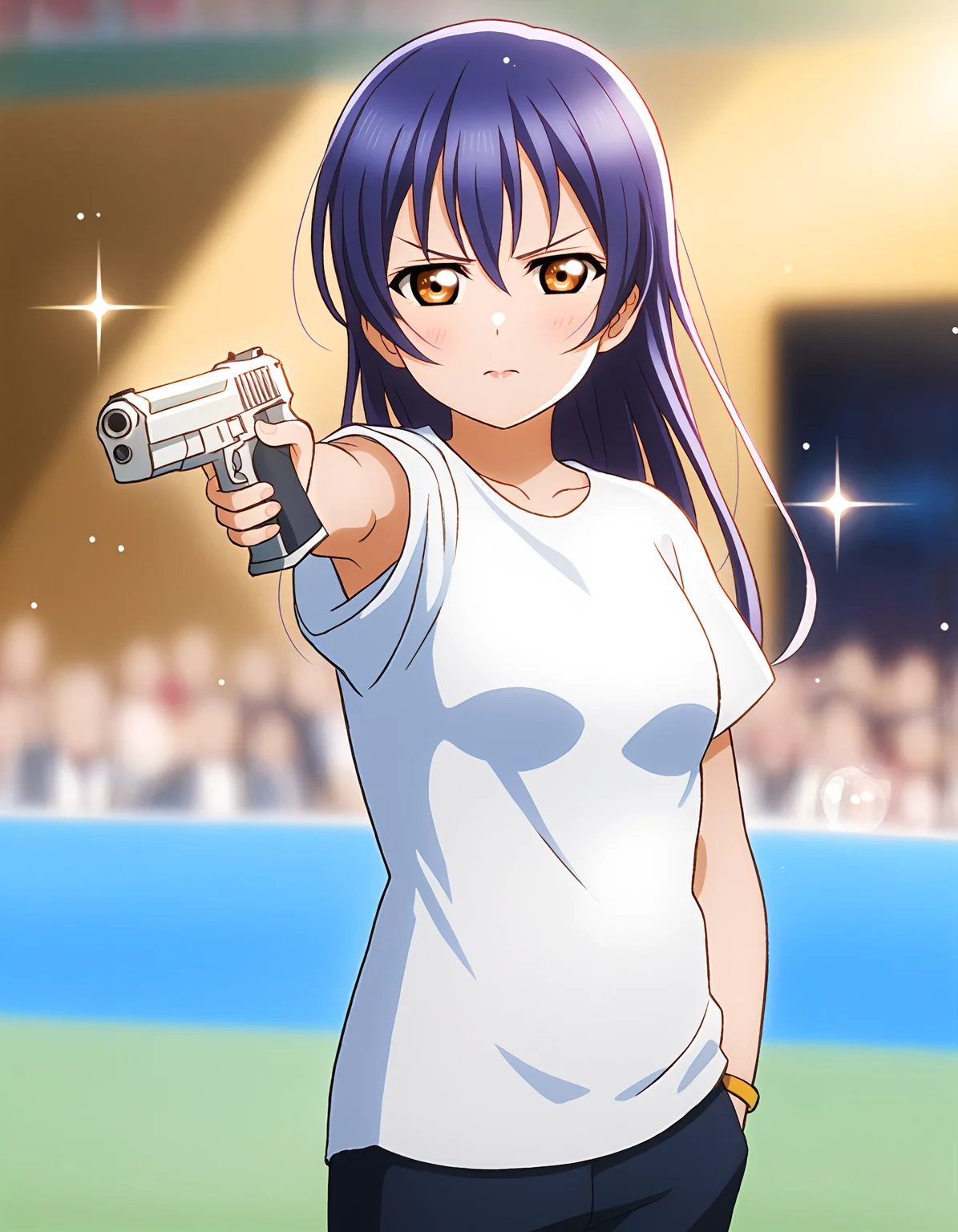 <lora:Koto-Umi-Riko-Shizu-Setsu-LLAS-LyCORIS-AnimagineXLV31-V16:0.85> <lora:POSE_Olmypian_Yusuf_DİKEÃ_SDXL:1:lbw=MIDD26>
<lora:add-detail-xl:1.5> <lora:detailed_notrigger:1> <lora:better_scenery:0.5:lbw=Scenery> <lora:hand 4:0.5:lbw=Hand>
(masterpiece, absurdres, very aesthetic:1.4), best quality, newest, perfect anatomy, perfect lighting, (depth of field, blurry background:1.5) BREAK
(sunbeam, light particles, sparkle, beautiful detailed scenery:1.3), lens flare BREAK
1girl, looking at viewer, (upper body) BREAK
(umi-llas:1.3) BREAK
big pupils, detailed eyes, large breasts, lips, serious, v-shaped eyebrows BREAK
white shirt, t-shirt, black pants BREAK
olympic venue, crowd BREAK
(yusufdikecpose, h4ndinp0cket, hand in pocket:1.2), holding weapon, gun, holding gun, handgun, aiming, aiming at viewer, gun to head